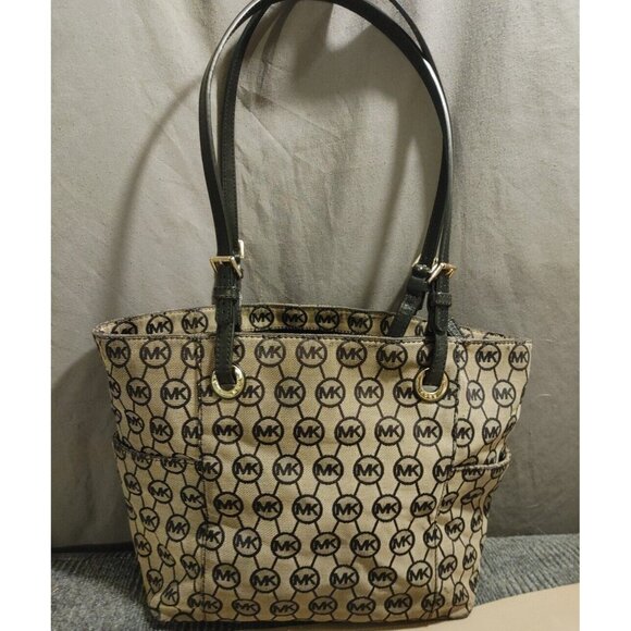 Michael Kors Jet Set Tote Leather and Canvas Black and Tan Logo - Picture 2 of 15